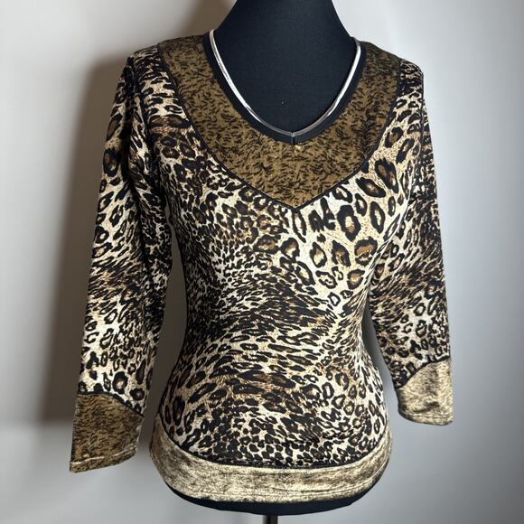 Vintage Y2K 90s Top XS Thermal Leopard Print V Neck Long Sleeve Cyber Grunge - Picture 3 of 9